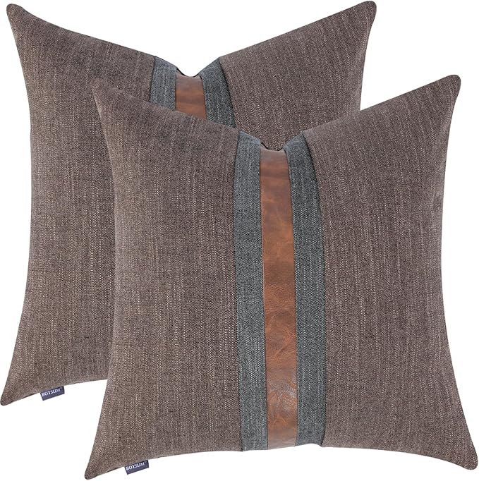 BOYSUM Set of 2 Leather Throw Pillow Covers Cotton Linen Decor Patchwork Pillow Cover Faux Leather Pillows Cover for Couch Sofa Living Room Bedroom,Dark Coffee 18"x18"