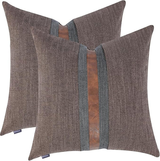 BOYSUM Set of 2 Leather Throw Pillow Covers Cotton Linen Decor Patchwork Pillow Cover Faux Leather Pillows Cover for Couch Sofa Living Room Bedroom,Dark Coffee 22"x22"