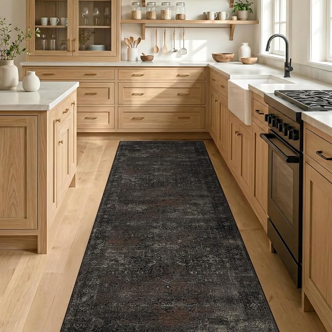 Black 2'6" x 10' Extra Long Hallway Runner Rug, Washable Non Slip Kitchen Runner, Dark Charcoal Low Pile Stain Resistant Rug for Entryway, Bathroom & Laundry Room