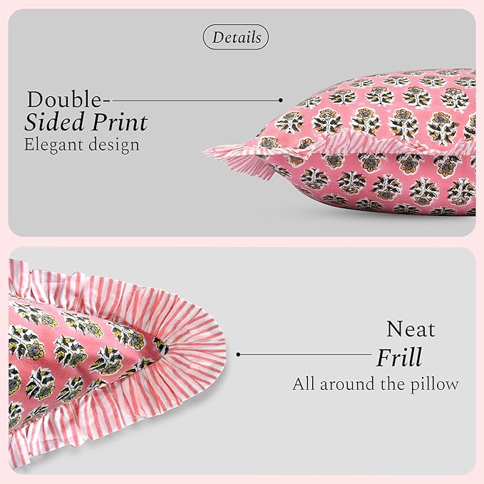 CPC Poppy Pink Ruffle Throw Pillow Covers for Couch, 24x24 Inch Cotton Stripe Ruffle Couch Pillows for Living Room, Hidden 20 Inch Zipper Boho Pillow Case or Cute Outdoor Pillows