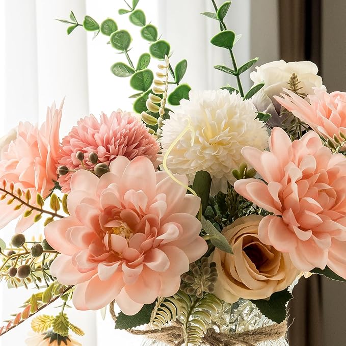 Fake Flowers with Vase,Faux Flowers in Vase for Home Decor,Silk Pink Dahlia Artificial Flowers with Vase for Coffee Table Decor,Living Room Bathroom Plant Decor, Centerpiece Table Decorations