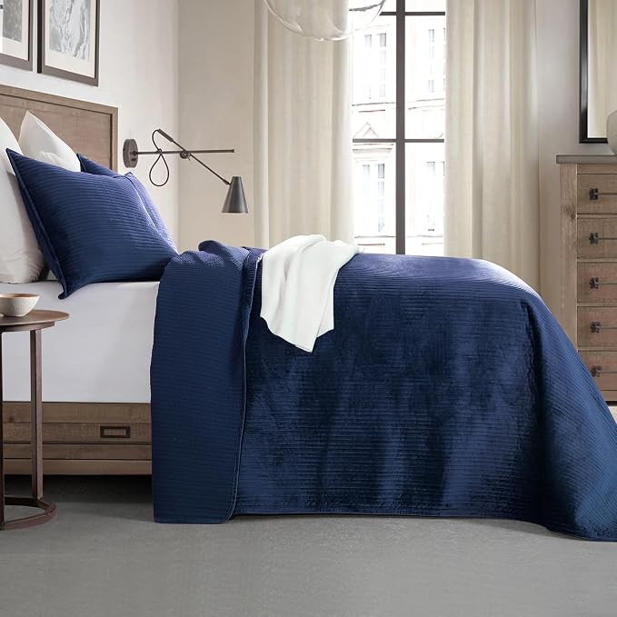 Elegant Comfort Luxury 3-Piece Velvet Corduroy Stripe Quilt Set, Ultra Soft Bedspread - Cozy Velvet Coverlet Set - 3PC Medium Weight Quilted Set with Matching Pillow Shams, California King, Navy Blue