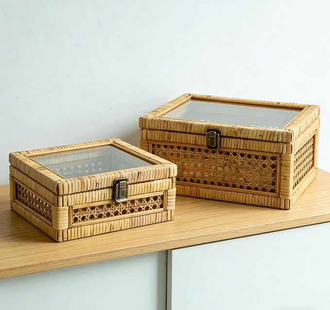 HUAXIN CRAFT H Rattan Square Box with Lid - Set of 2 Wicker Decorative Storage with Glass Cover for Display
