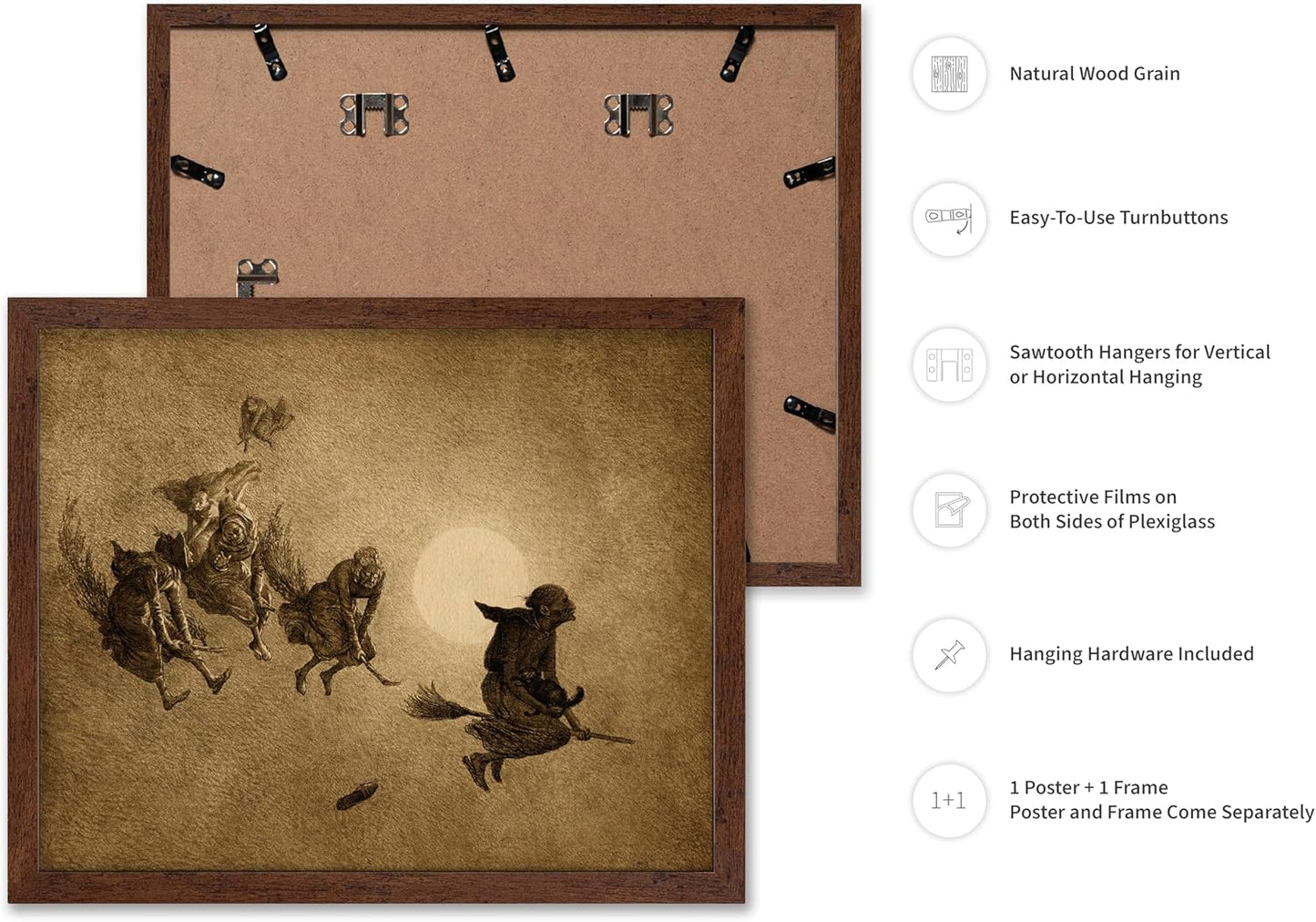 Poster Master Vintage William Holbrook Beard Poster - Retro Occult Print - Gift for Gothic, Horror Fan - The Witches Ride, Pagan, Goth, Magic - Wall Decor for Bedroom, Dorm, 16x20 Brown Framed