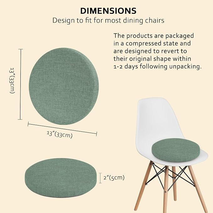 ELFJOY Round Chair Cushions for Dining Chairs Non Slip High-Resilience Foam Chair Pads 2" Thick Seat Cushions for Kitchen Chairs Set of 2 13" Sage Green