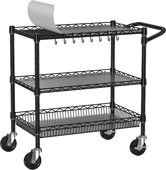 Folews Heavy Duty Rolling Cart with Wheels, 3 Tier Commercial Grade Utility Cart, Metal Storage Organizer Trolley with Handle Bar & Shelf Liner for Pantry, Laundry Room & Household Supplies, Black