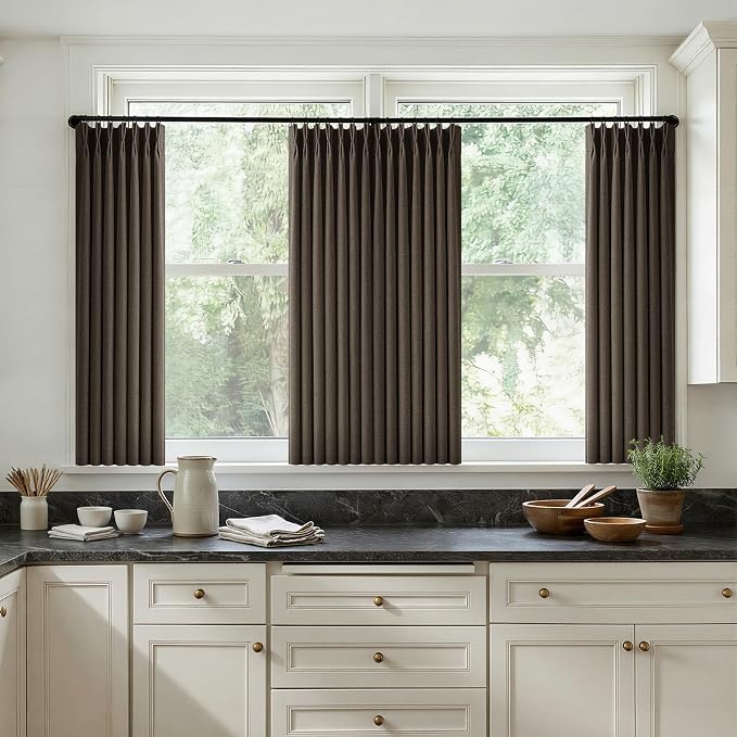 36 Inch Pleated Linen Curtains 36 Inch Length 2 Panel Set Memory Trained Pinch Pleated Privacy Semi Sheer Light Filtering Short Kitchen Window Curtain Thick Dark Brown Mini Cafe Small Drapes