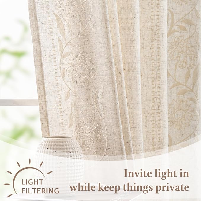 jinchan Winslow Linen Kitchen Curtains 36 Inch Length Small Window Curtains Embroidered Bordered Floral Drapes Light Filtering for Bathroom Laundry Room Farmhouse Decor White on Beige 2 Panels