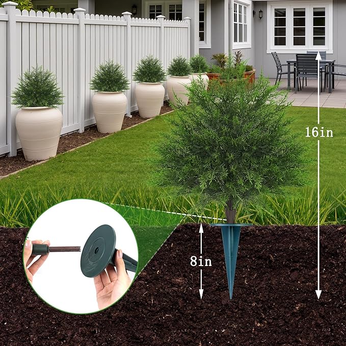 Yangrass 23" Artificial Cedar Topiary Ball Trees with Spike, Set of 2 UV Resistant Fake Evergreen Bushes Shrubs Trees, Realistic Faux Cypress Plants for Outdoor Indoor