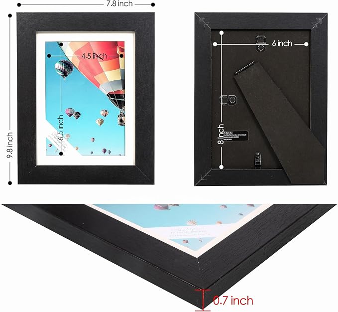 The Display Guys - Black Wooden Minimalist Picture Frames Set - Tempered Glass - 6x8 matted to 5x7 - Tabletop Easel - 6-Pack