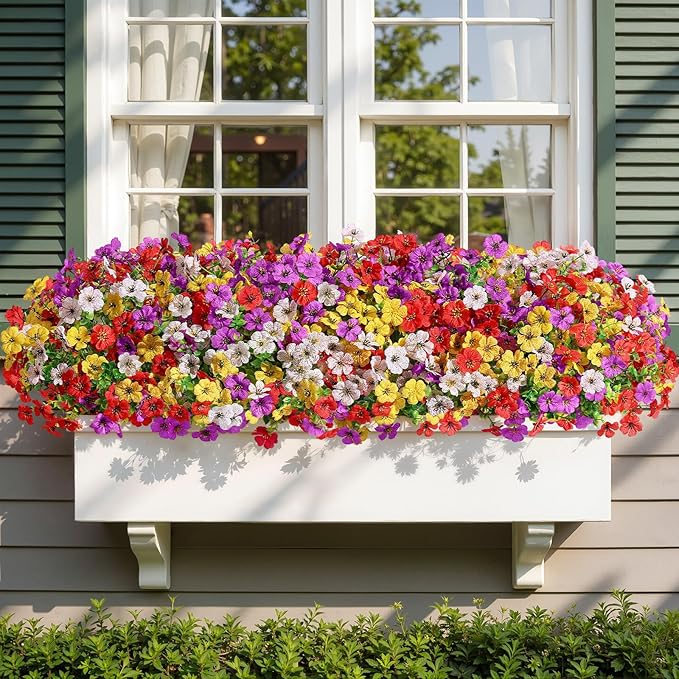 Alupssuc 48 Bundles Artificial Flowers for Outdoors Decoration, UV Resistant Silk Faux Floral Spring Fake Plastic Plants Greenery for Outside Indoor Home Porch Window Planter Decor, Mix 4 Colors