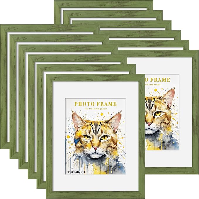 Picrit 11x14 Picture Frame Set of 12, Display 8x10 with Mat or 11x14 without Mat, Photo Frames for Wall Mounting or Table Top Display, Green Wood Grain