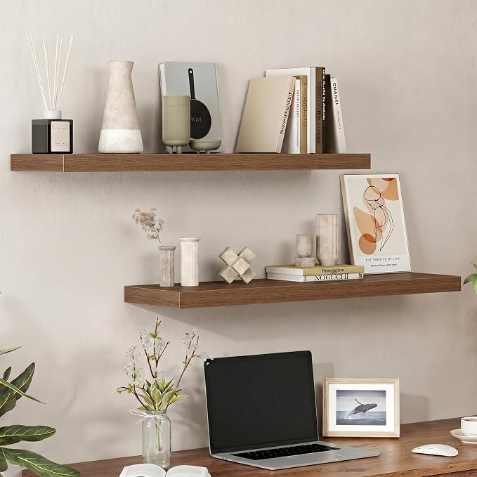Heimlove Floating Shelves for Wall 36 Inches Long,9.3" Deep Walnut Floating Shelf Set of 2,Wall Mounted Shelves for Bathroom Bedroom Living Room Kitchen Office,Shelf for Books Storage,Home Decor