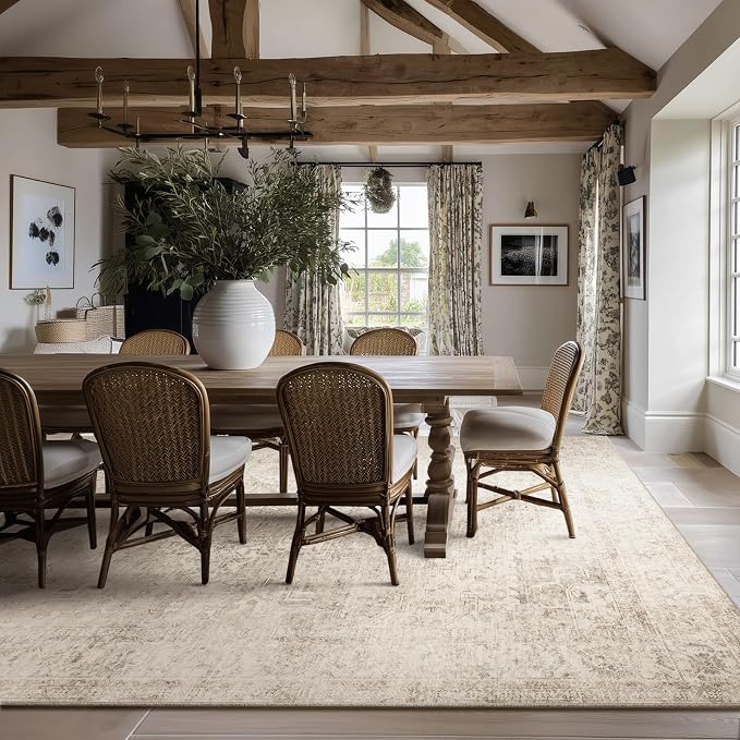 Machine Washable Rugs for Living Room: 9x12 Area Rugs for Bedroom Ultra Soft Non-Slip Low Pile Vintage Distress Boho Large Carpet for High-Traffic Dining Room - Farmhouse Decor
