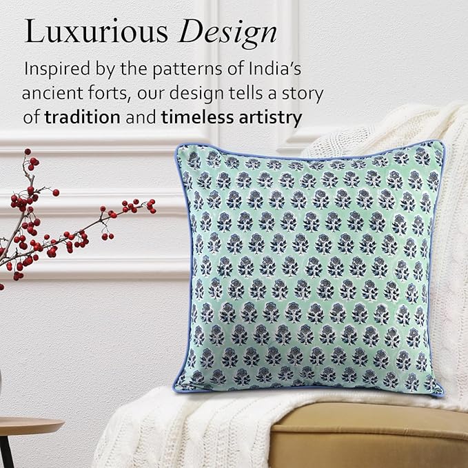 CPC 100% Cotton Throw Pillow Covers 20x20 Inch, Set of 2 Blue Block Print Pattern Couch Pillow, Cute Boho Decorative Pillows for Living Room, Bedroom with Hidden Zipper- Poppy Blue