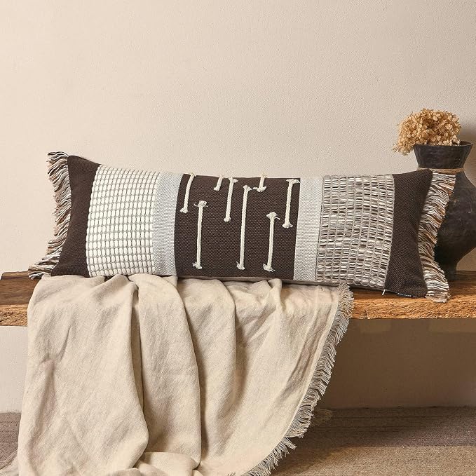 Dark Brown Boho Decorative Lumbar Pillow Cover 14x36 | Modern Farmhouse Long Lumbar Decorative Pillows Cushion Case with Handmade Drawn Work Tassel for Bed Couch