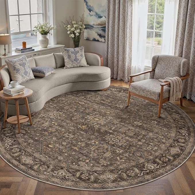 8x8 Washable Round Rug for Living Room Bedroom Vintage Brown Non Slip Carpet Traditional Retro Soft Low Pile Large Cirlce Rug for Dining Room Kitchen Office Indoor