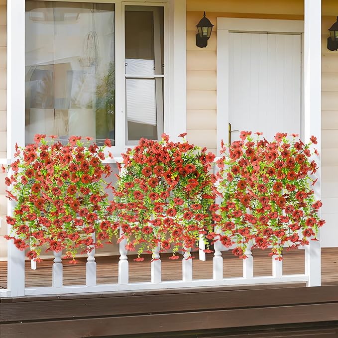 ZFProcess Artificial Hanging Flowers for Outdoors Spring Decoration, 2PCS Silk Fake Daisy Realistic Outdoor Flowers UV Resistant Porch Patio Window Yard Decor(Red)