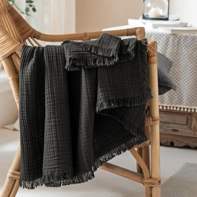 Muslin Fringe Blankets for Adults: 100% Cotton Cloud Soft | 4-Layer Gauze Breathable Lightweight All Season Throw Blanket for Bed Couch Sofa Office
