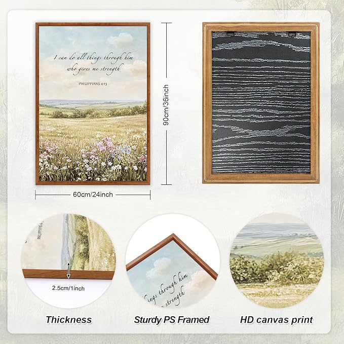 LHIUEM Christian Flowers Framed Canvas Wall Art,Vintage Bible Verse Wall Decor,Religious Jesus Prints,Natural Scripture Artwork for Living Room,Bedroom,Dining Room -24"x36"x3