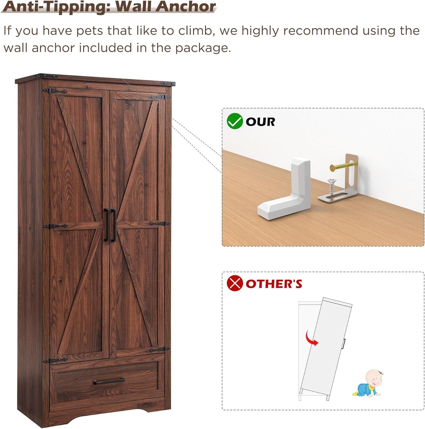 72" Tall Wood Storage Cabinet, Farmhouse Kitchen Pantry Cabinet with Adjustable Shelves & Drawer & Barn Doors, Versatile Storage for Kitchen, Dining Room, Bathroom, Brown