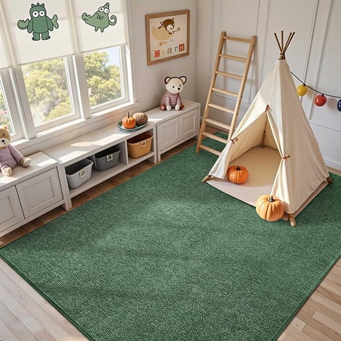 FinRèc Low Pile 6x9 Washable Area Rugs for Bedroom Living Room, Thin Rug Solid Color, Non-Slip Carpet Indoor for Home Decor (Green)