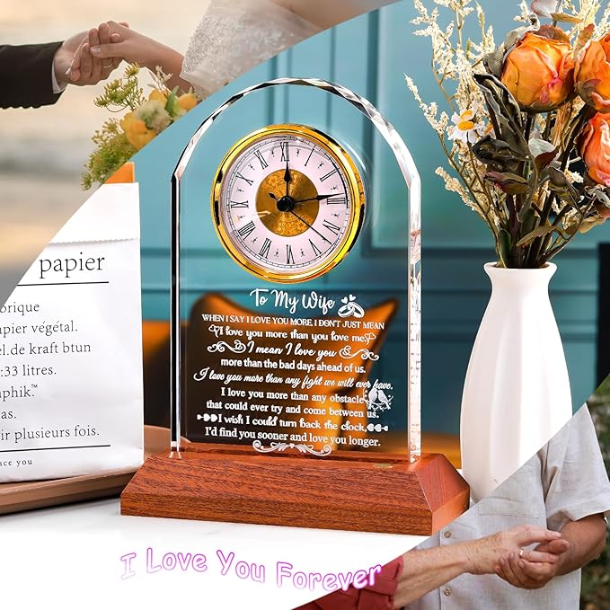 Gifts for Wife from Husband - Crystal Clock with Wooden Light Base, Christmas, Birthday, Wedding Anniversary Wife Gifts Ideas, to My Wife Plaque Presents for Valentine's Mother's Day