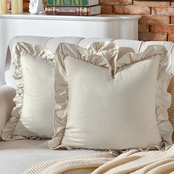 AmHoo Pack of 2 Throw Pillow Covers 100% Cotton Pre Washed Ruffle Decorative Pillowcase Cushion for Couch Sofa Bedroom 18 x 18-Inch Beige
