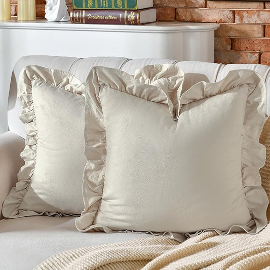 AmHoo Pack of 2 Throw Pillow Covers 100% Cotton Pre Washed Ruffle Decorative Pillowcase Cushion for Couch Sofa Bedroom 20 x 20-Inch Beige