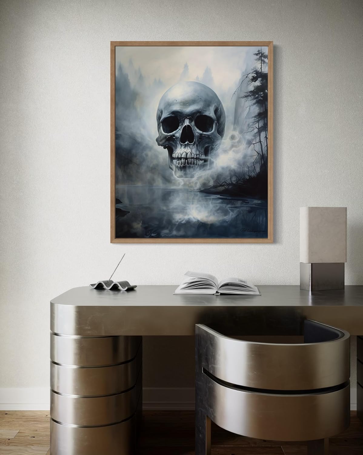 Foggy Skull Poster Art Print, Halloween Scary Vintage Wall Art Academia Spooky Painting Decoration for Horror Prints, Gothic Posters Bedroom Decor 89 (Foggy Skull, 16 x 20 inches, Wood Frame)