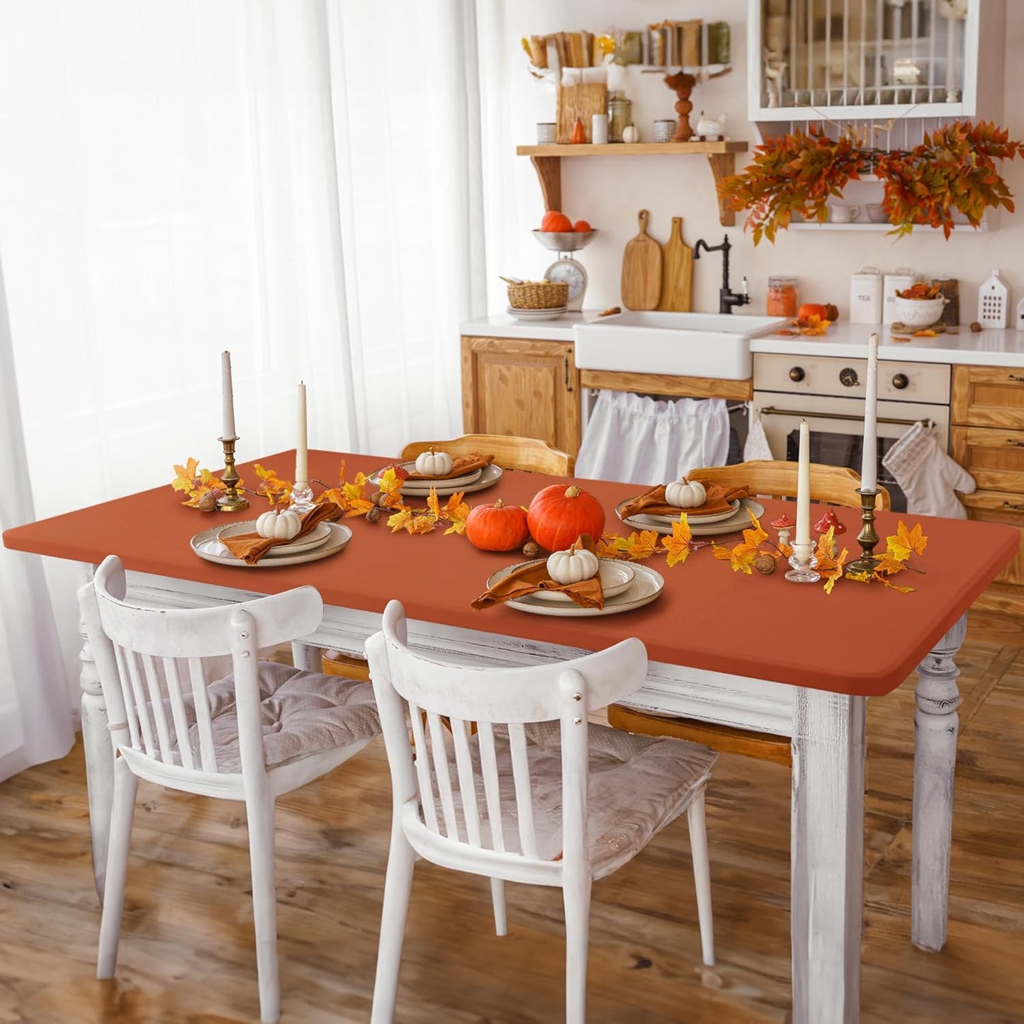 Fitted Tablecloth for 8 Foot Rectangle Tables-6 Pack Rust Elastic Outdoor Picnic Table Cover-Spandex Stretch Folding Table Cloths 8ft for Camping Dining Room Patio Kitchen Banquet Party