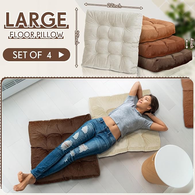Jerify 4 Pcs Floor Pillow Cushions Large Round Square Large Meditation Floor Pillow for Classroom Adult Meditation Picnic Party Seating Learning Daycare School (Square,Brown)