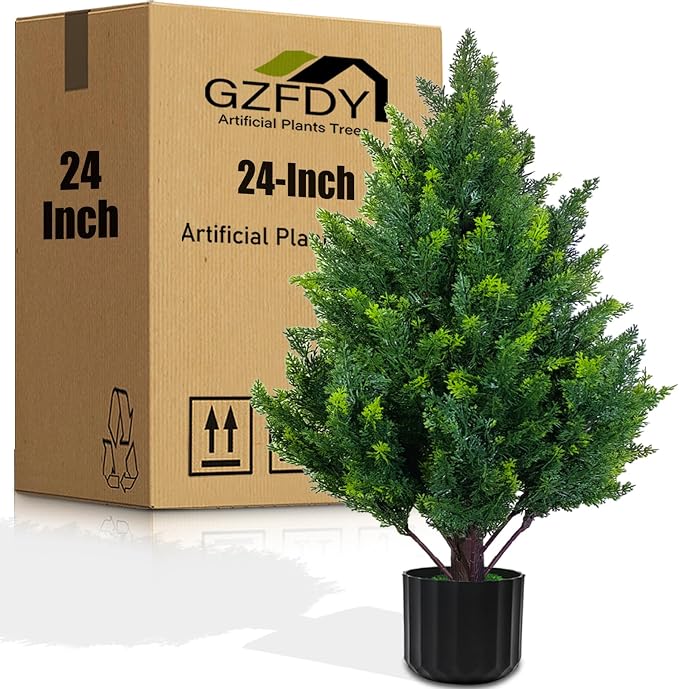 2Ft Artificial Cedar Topiary Trees (1-Pack) - UV Resistant Fake Shrubs with Ground Spike for Outdoor & Indoor Use, Front Porch, Garden Decor