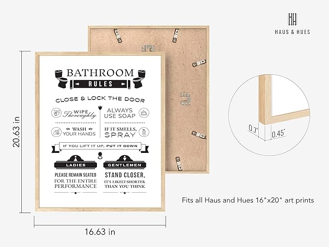 HAUS AND HUES Funny Bathroom Decor & Wall Art, Humorous Bathroom Rules Poster, Toilet Humor Sign (Framed Beige, 16x20)