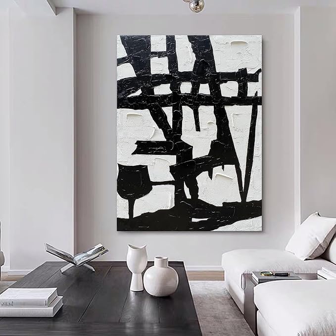 NANKAI Hand-Painted Black and White Wall Art Minimalist Black and White Abstract Painting Large Oil on Canvas Texture Wall Art 45x30 inches