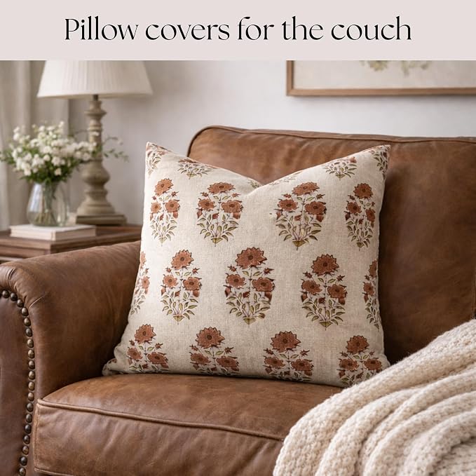 Linen Throw Pillow Covers 20x20 inch sage Terracotta Beige Decorative Pillow Covers for Living Room, Bedroom Farmhouse Decor