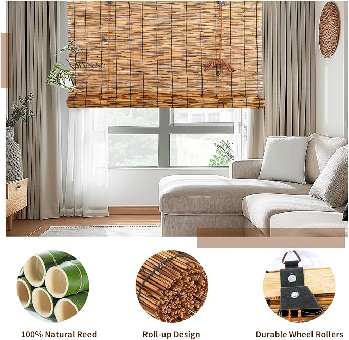 Reed Roller Blinds Shades, Vertical Lifting and Breathable Waterproof Design, Sun Shade and Ventilation, Easy Installation,72" Wx72 H