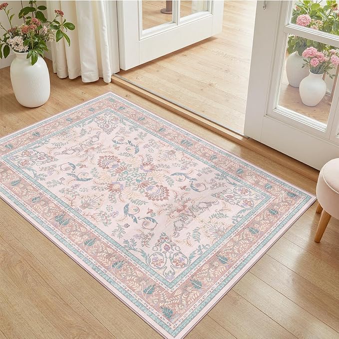 DCX 3x5 Pink Vintage Floral Rug, Machine Washable Non Slip Low Pile Carpet for Girl’s Bedroom, Nursery, Dorm, Kid & Pet Friendly Soft Stain Resistant Rug
