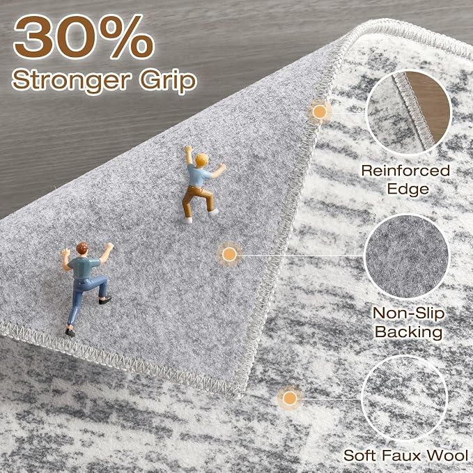 Runner Rug Non-Slip Kitchen Rug: 3x10 Washable Abstract Modern Soft Stain Resistant Indoor Floor Neutral Accent Throw Carpet for Hallway Bathroom Laundry Room Bedroom Entryway- Grey
