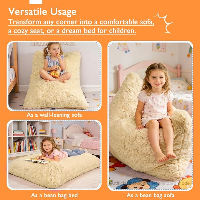 3 in 1 Kids Bean Bag Chair Bed, Kids Fluffy Stuffed Floor Pillow for Gaming and Reading, Ultra Soft Faux Fur Fabric Bean Bag Chairs to Lounger for Playroom, Living Room, Bedroom, Beige