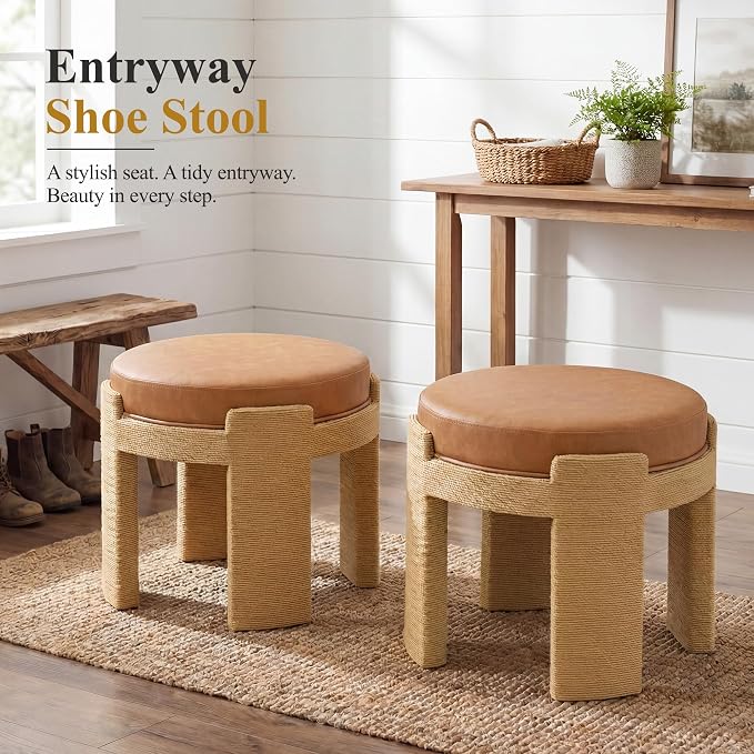 Round Ottoman Set of 2, Boho Hand-Woven Rope Upholstered Ktichen Vanity Chairs Accent Stool Fully Assembled for Bedroom Living Room, Brown Leather