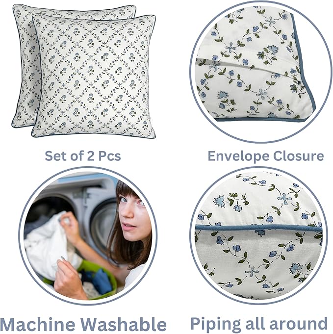 Ridhi Block Print Powder Blue Pillow Cover 16" x 16" (Pack of 2) Decorative Couch Pillows for Living Room, Chic Boho Cute Outdoor Pillows Covers Gifts for Spring, Easter and Valentine
