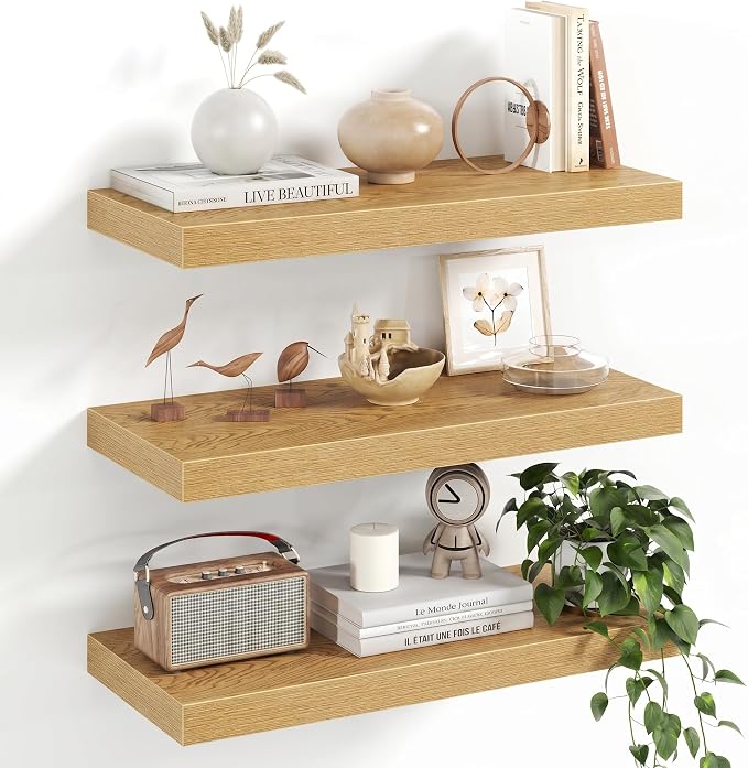 Fun Memories Floating Shelves, 20 Inch Floating Shelves, Wall Mounted Rustic Wood Shelf for Bathroom, Living Room, Bedroom and Kitchen, Hanging Shelf for Storage, Books, Home Decor, Oak - Set of 3