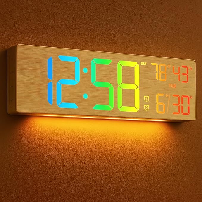 2026 Upgrade 18.5" Large Digital Wall Clock with Remote Control, Big LED Display Digital Clocks with Night Light, Alarm, Countdown, DST, Temp for Parlor, Bedroom, Office, Gifts for Seniors(Light Wood)