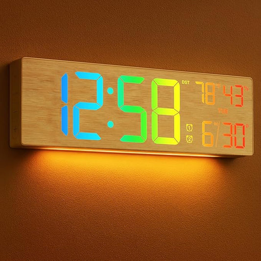 2026 Upgrade 18.5" Large Digital Wall Clock with Remote Control, Big LED Display Digital Clocks with Night Light, Alarm, Countdown, DST, Temp for Parlor, Bedroom, Office, Gifts for Seniors(Light Wood)