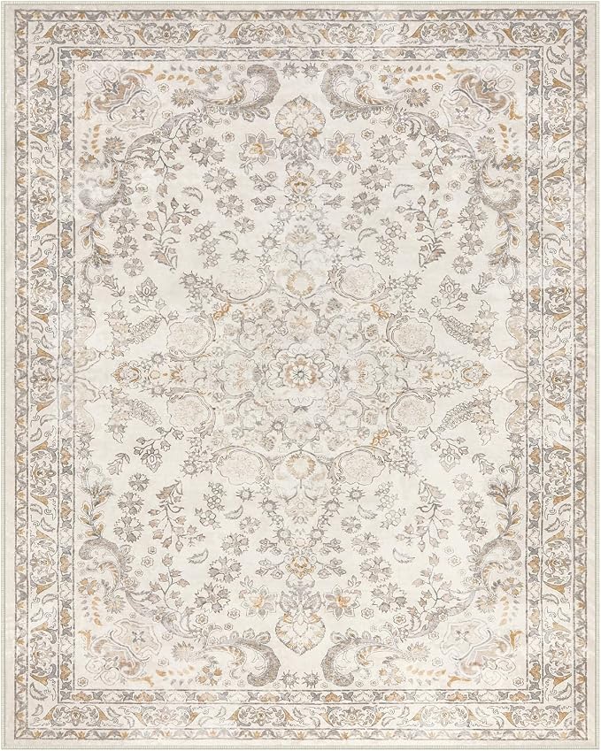 Wonnitar Washable Living Room Rugs, 8x10 Area Rugs for Room Decor, Beige Non Slip Ultra-Thin Soft Cozy Vintage Floral Distress Neutral Carpet for Bedroom Dining Room Farmhouse Playroom
