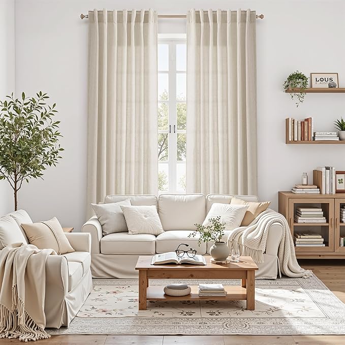 Boho Linen Curtains for Living Room 105 Inches Long Light Filtering Semi Sheer Curtain Back Tab Boho Eclectic Home Decor Elegant Luxury Farmhouse Drapes for Bedroom Dinner Room 52x105, 2 Panels