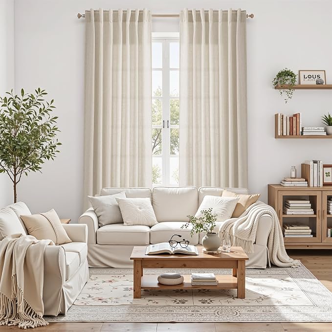 Boho Linen Curtains 80 Inch Length for Living Room Light Filtering Semi Sheer Curtain Back Tab Boho Eclectic Home Decor Elegant Luxury Farmhouse Drapes for Bedroom Dinner Room 52x80, 2 Panels