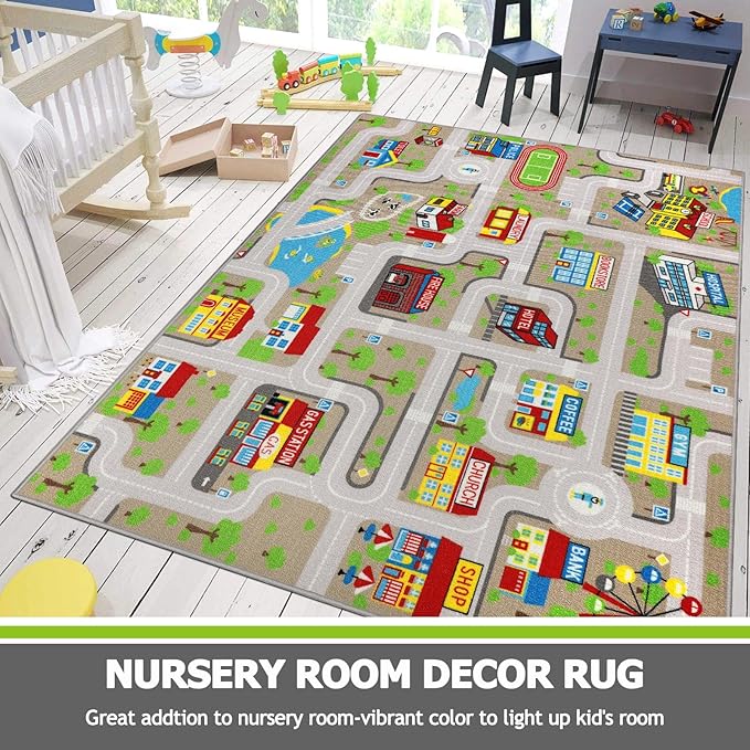 Capslpad Tan Car Road Kid Rug Carpet Playmat for Playoom Traffic Road Kids Play Mat for Toddler Non Slip Washable City Map Race Track Carpet Rug for Kids Room Bedroom Nursery Room Decor,6.6'x5'