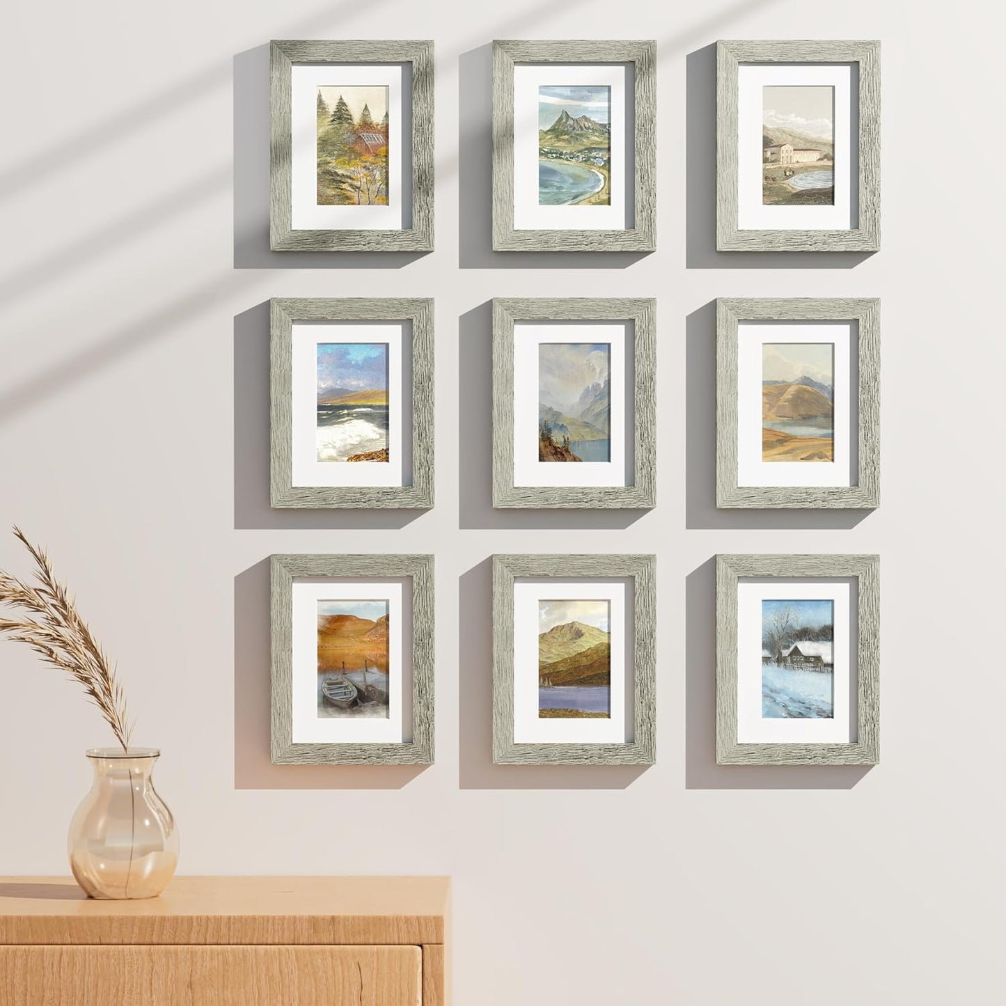 Vittanly 6x8 Picture Frames Set of 9, Shatter Resistant Plexiglass, Display 4x6 Pictures with Mat or 6x8 without Mat, Photo Frames for Wall or Tabletop, Engineered Wood, Grey